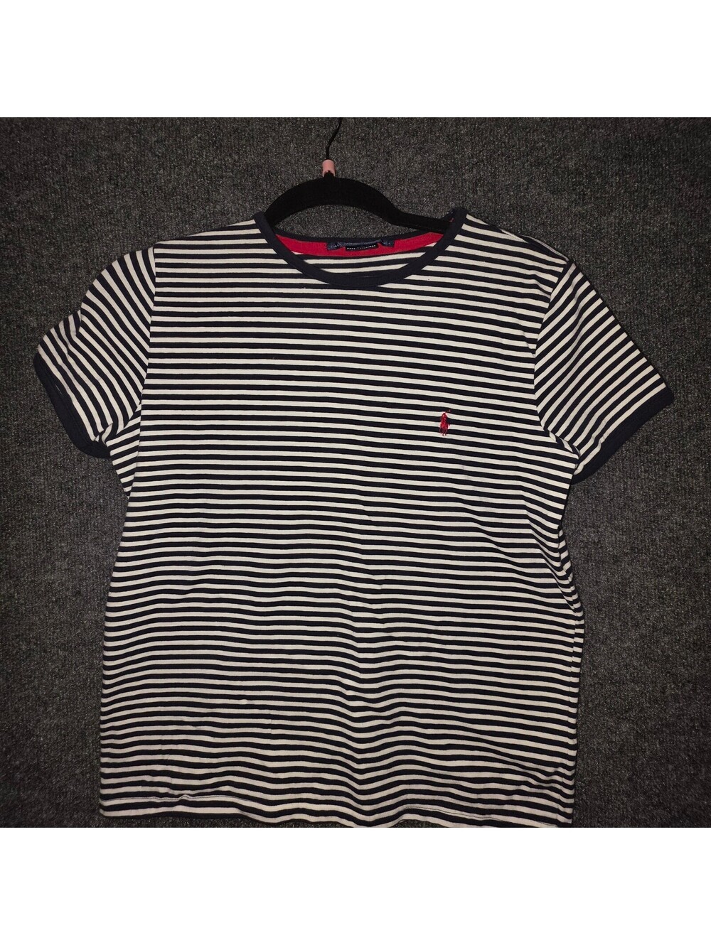 RL37. Vintage Y2K Ralph Lauren Sport Navy White Striped Red Pony Tee Medium